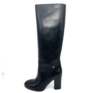 CHANEL 12A Classic Black Leather Knee High Tall Boots Heels CC Logo